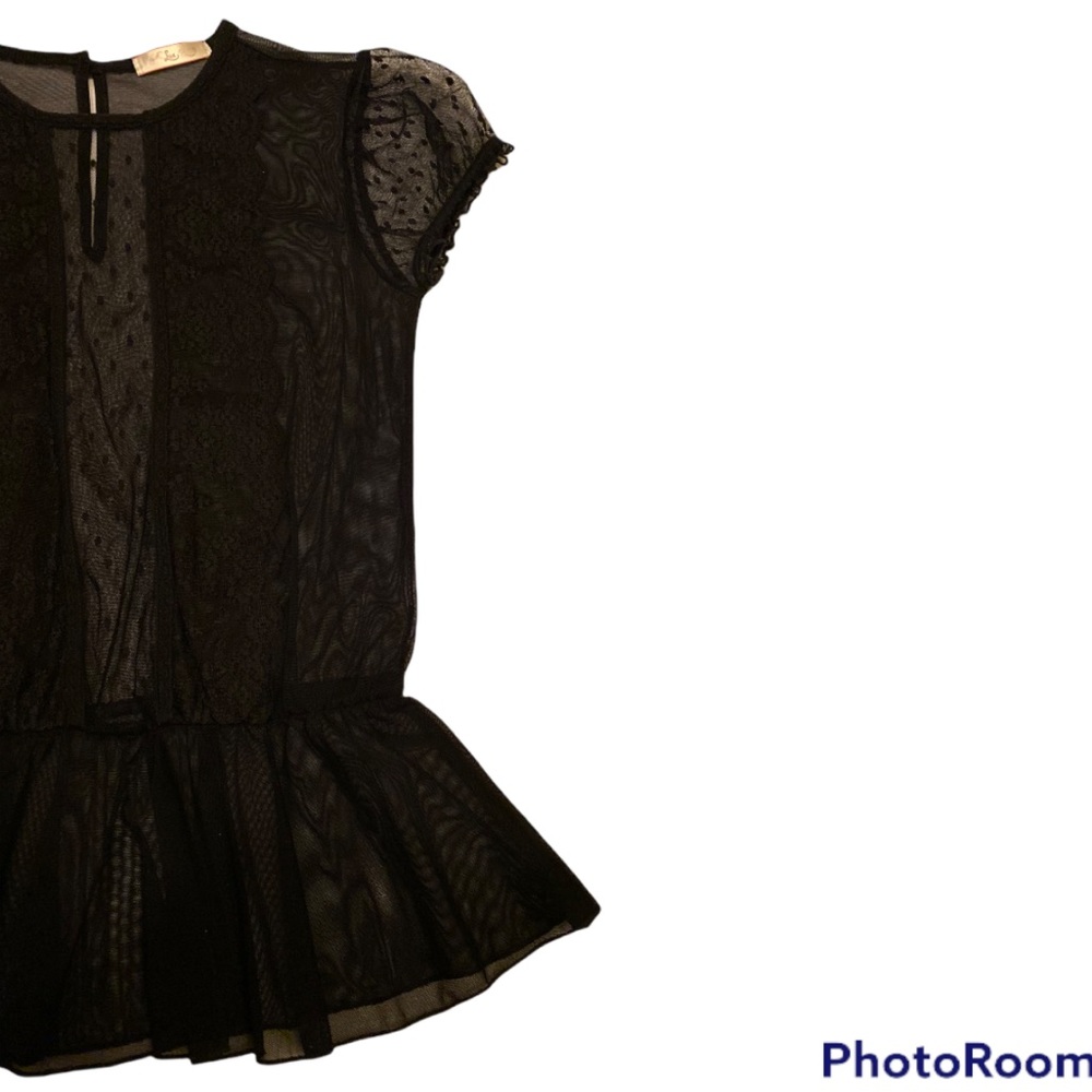 Rare LUX VTG Sheer Black Lace Peplum Cinched/Waist Cap/Sleeve Mesh Polka Dots - Picture 10 of 11